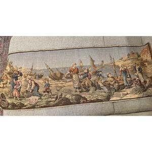 Vintage Belgium Tapestry Wall Hanging Fishermen Coastal Scene Textile
